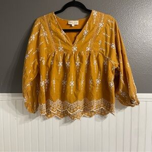 Embroidered Mustard Eyelet Babydoll Blouse